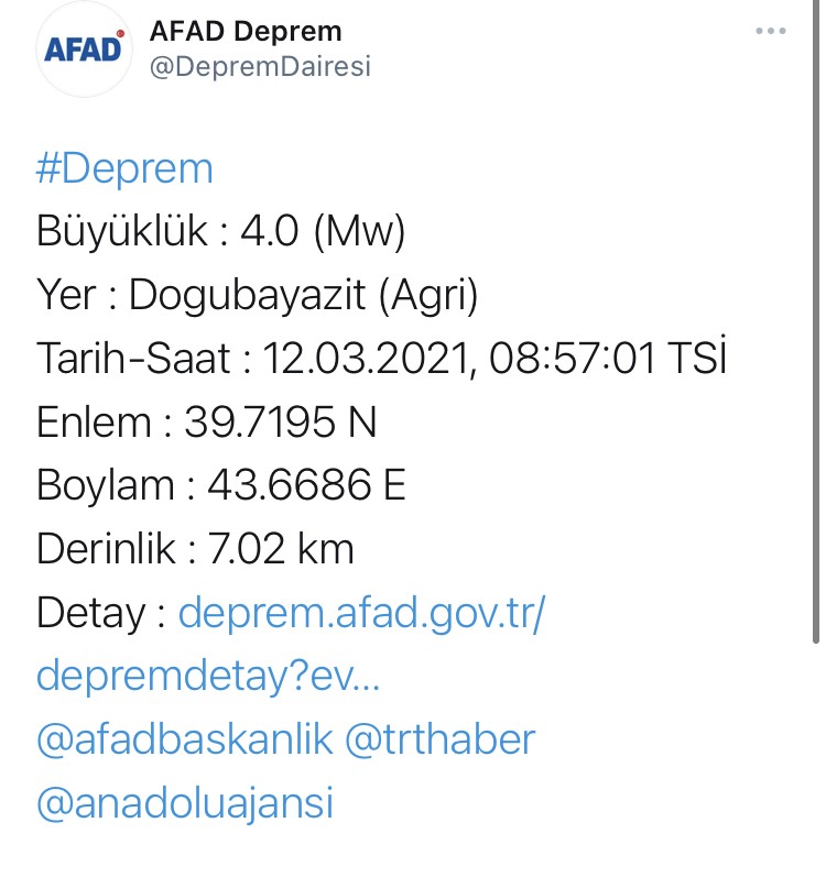 Ağrı´da 4 büyüklüğünde deprem
