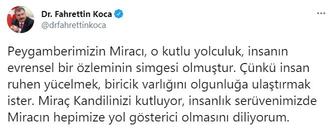 Bakan Koca´dan Miraç Kandili mesajı
