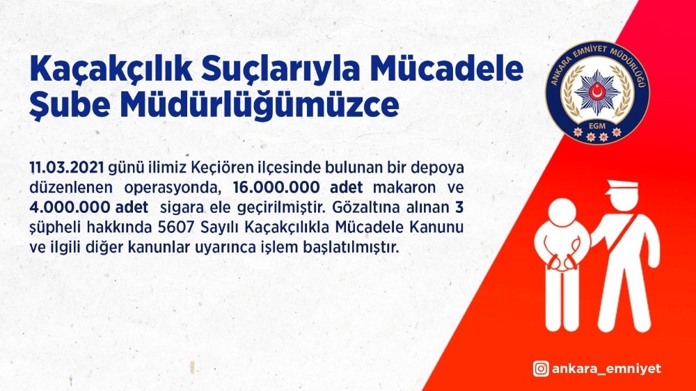 Başkent´teki kaçakçılık operasyonunda 4 milyon sigara ele geçirildi
